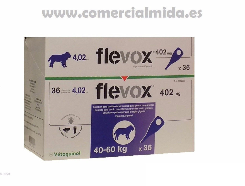 Caja 36 Pipetas FLEVOX para perros 40-60 Kg anti pulgas y garrapatas